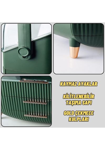 Çekmeceli Makyaj Kutusu Ve Düzenleyici Kozmetik Eşya Masa Üstü Organizer Yeşil