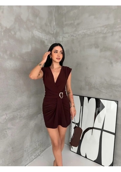 Valensdesign Kruvaze Drapeli Tokalı Mini Elbise Şık Gece Davet Abiye - Kahverengi