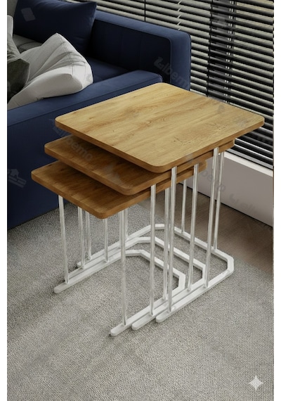 Sakura 3'lü Metal Gümüş Atlantik Mdf Kare Zigon Sehpa Takımı Orta Sehpa Yan Sehpa Kahverengi