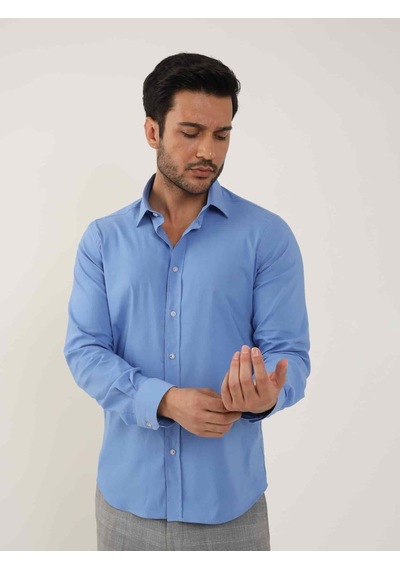 Dufy Koyu Mavi Erkek Slim Fit Düz Klasik Yaka Uzun Kol Gömlek - 92103-koyu Mavi Koyu Mavi