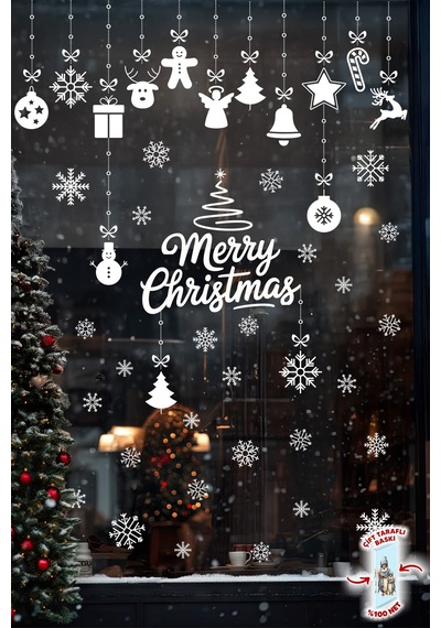 Yılbaşı Cam Süsü Sticker Seti Merry Christmas Çift Taraflı Baskı 42 Kar Tanesi Ve 34 Parça Figür Dijital Baskı