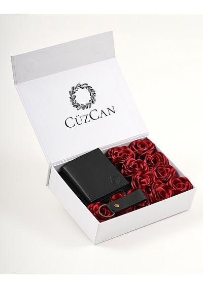 Premium Gift Rose Box - Florida Siyah Hakiki Deri Cüzdan Anahtarlık Ve Siyah Gül Kutusu Kırmızı