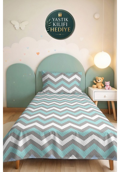 Turkuaz Gri Zigzag Geometrik Genç Odası Tek Kişilik Pike Takımı - 160x220 Cm Kapitone Yatak Örtüsü Doğal Ot Yankısı