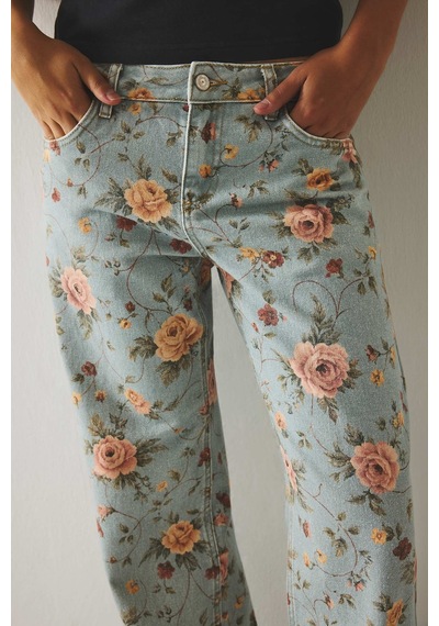 Defacto %100 Pamuk Çiçekli Straıght Fıt Normal Bel Kısa Paça Standart Boy Gabardin Pantolon I9241ax26aube791 Mavi-be791