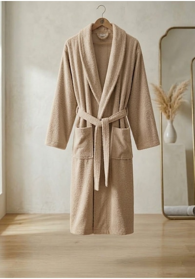 Unisex Bukle Kumaş Şalyaka Tek Bornoz - Bej Bej