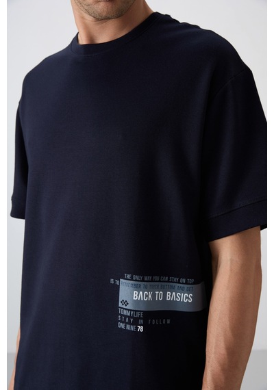 Tommy Life Lacivert Pamuklu Kalın Yumuşak Dokulu Oversize Fit Baskılı Erkek T-shirt - 88322 Lacivert