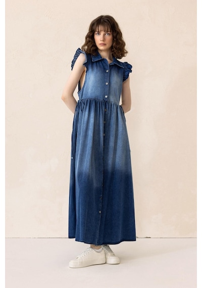 Olcay Fır Fır Detaylı Kolsuz Denim Elbise Mavi 9296-e