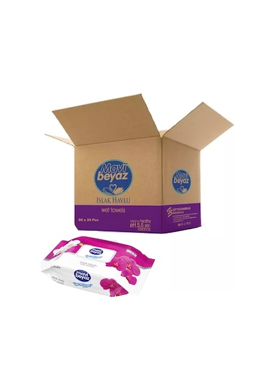 Mavi Beyaz Islak Havlu Mendil 90 Yaprak Orkide 24 Lü Set Plastik