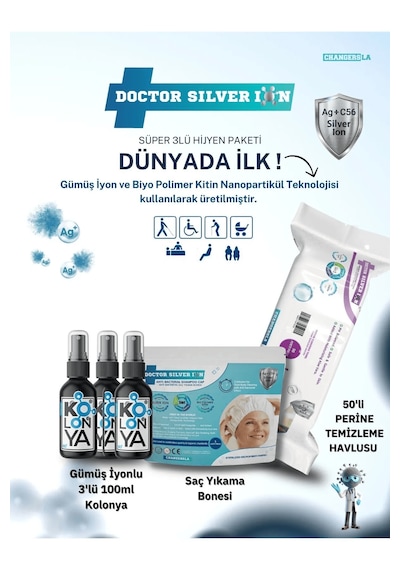 Doctor Silver Ion Gümüş İyonlu Kolonya 3 x 100 ML + Saç Yıkama Bonesi +  Perine Islak Mendili 50'li