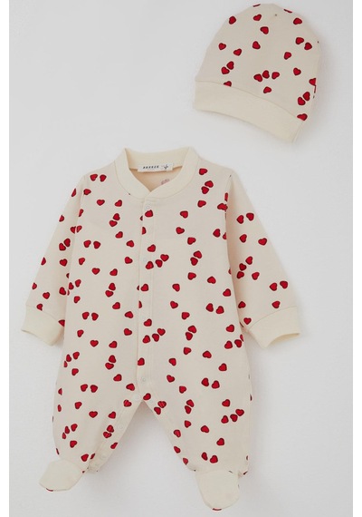 Breeze Kız Bebek Patikli Tulum Sevgi Temalı Kalp Desenli 0-6 Ay, Krem Krem