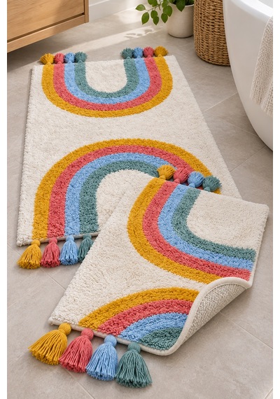 Alanur Bodrum Tufting Gökkuşaği Cotton Pamuklu El Işi Örgülü 2 Li Paspas Set Renkli