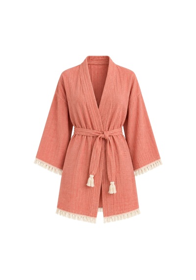 Kimono Müslin 2 Katlı Peştemal Bornoz Beden S-m - Somon