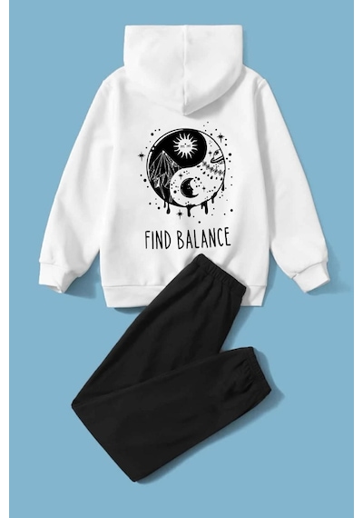 Uyguntarz Unisex Çocuk Yin & Yang Üst Ve Alt Eşofman Beyaz