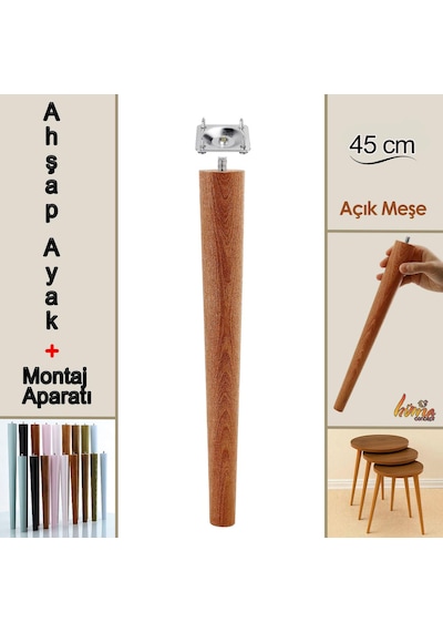 Ahşap Ayak 45 Cm Açık Meşe M8 Civatalı Bağlantı Aparatlı Mobilya Tabure Sehpa Masa Destek Ayağı Açık Meşe