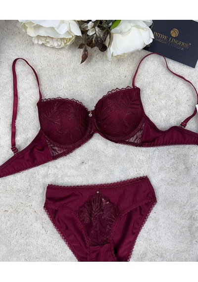Le Jardin Parlak Simli İpli Brodeli Push-up Sütyen Külot Takım-50 Bordo