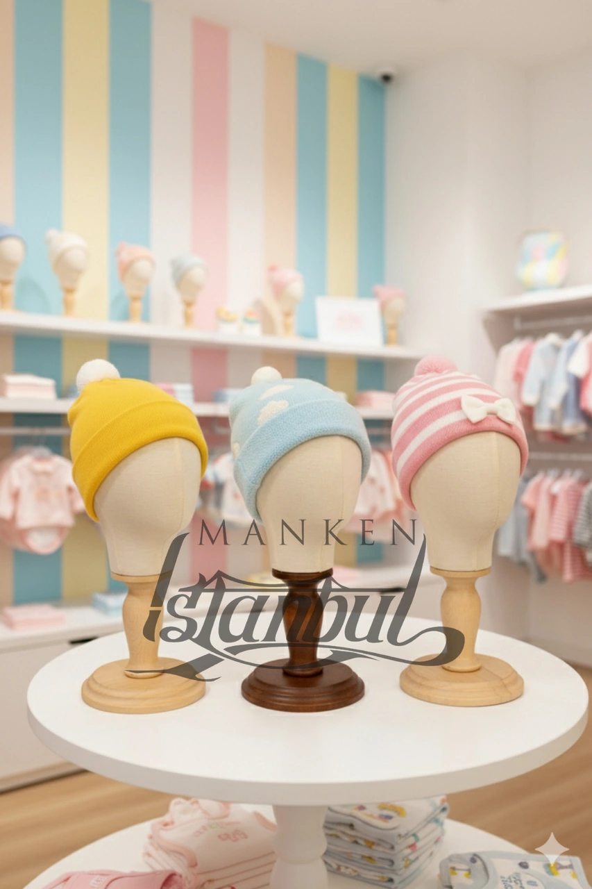 Ahşap Standlı Bebek Kafa Mankeni Bebek Şapka Mankeni Bebek Bere Mankeni 06 Ay 12 Ay Için Uygundur 0014