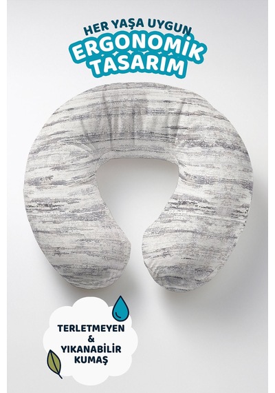 Modern Gri Çizgili Ergonomik Boyun Yastığı - Doğal Tonlarda Yumuşak Gri Beyaz Seyahat Yastığı Koyu Orman Kabak