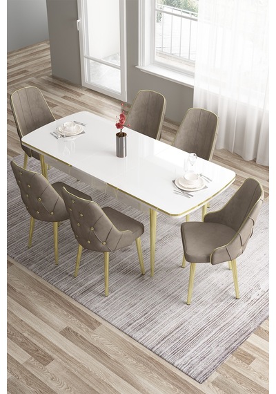 Canisa Tia Serisi 80x132 Açılabilir Mdf Mutfak Masası Takımı Beyaz Masa Gold Detay 6 Cappucino Sandalye Masa Beyaz Sandalye Cappucino Canisa Tia Serisi 80x132 Açılabilir Mdf Mutfak Masası Takımı Beyaz Masa Gold Detay 6 Cappucino Sandalye Masa Beyaz Sandalye Cappucino