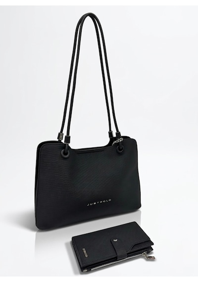 Just Polo Kadın Büyük Boy Premium Gümüş Logolu El Çantası Ve Cüzdanı Kombin Tote Bag Ebat : 22 X 34 Cm Siyah