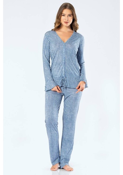 Türen Kadın Çizgili Uzun Kollu V Yaka Düğmeli Pijama Takım 001