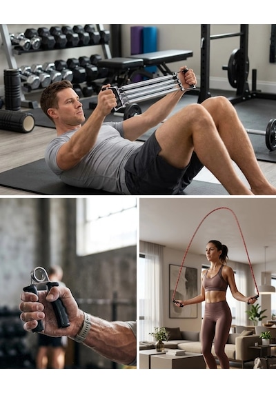 Mey İthalat Ev Spor Seti Atlama İpi El Yayı Karın Egzersiz Aleti Fitness Seti Çok Renkli