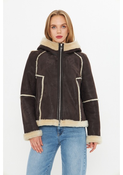 M M Marki Marki Hakiki Nubuk Deri Kapüşonlu Oversize Kadın Mont - İçi Kürklü - Kahverengi 65 Cm - 115522 Nubuk Kahverengi
