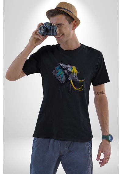 Renkli Fil Kafası Unisex Unisex Siyah Organik Baskılı T-shirt Penye Yüksek Kalite Siyah