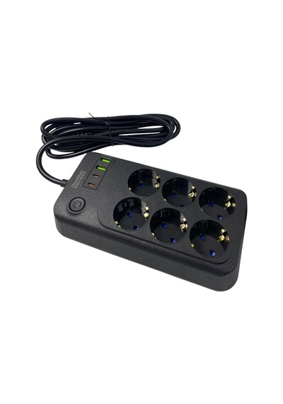 Showmax Serisi Sh-3046 Termal Akım Korumalı Priz 2 Mt 6 Priz + 2 Usb + 2 Type-c 6 Lı 2xusb 2xtype C Çıkışlı Siyah