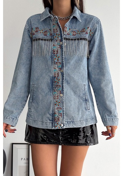 Femelle Kadın Çıtçıt Düğmeli Taş Püsküllü Komple Nakış İşlemeli Denim Ceket mavi