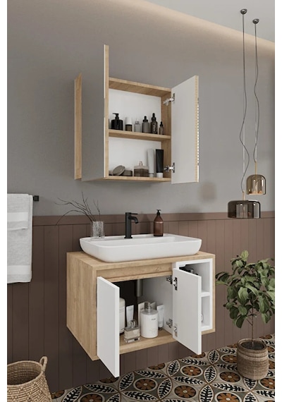 Lale Beyaz 70 Cm %100 Mdf Lavabolu Banyo Dolabı + Aynalı Dolap Beyaz Meşe Lale Beyaz 70 Cm %100 Mdf Lavabolu Banyo Dolabı + Aynalı Dolap Beyaz Meşe
