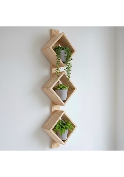 Bohem Ahşap Duvar Rafı 3'lü Set - Köknar Doğal Ağaç Saksılık 100x25 Cm Bej