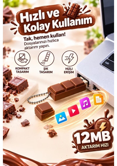 Usb Flash Bellek 64gb Çikolata Görünümlü Anahtarlıklı Usb Drive Usb02 Kahverengi
