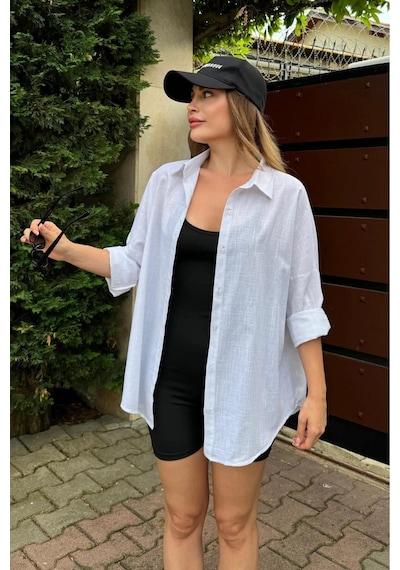 Rouge Basıc Oversize Keten Dokulu %100 Pamuk Salaş Gömlek Bb-ku3435 Beyaz