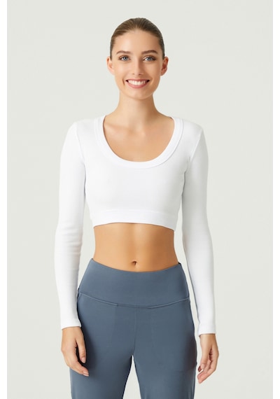 Los Ojos X Melodi Beyaz Pamuklu Fitilli Uzun Kollu Crop Spor Bluz Long Sleeve Beyaz