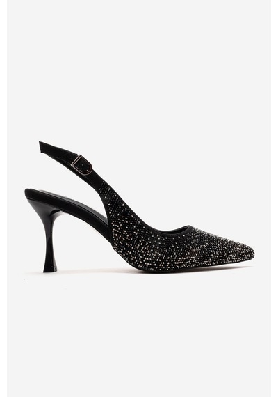 Luvishoes Johanna Siyah Platin Taşlı Kadın Topuklu Ayakkabı Siyah