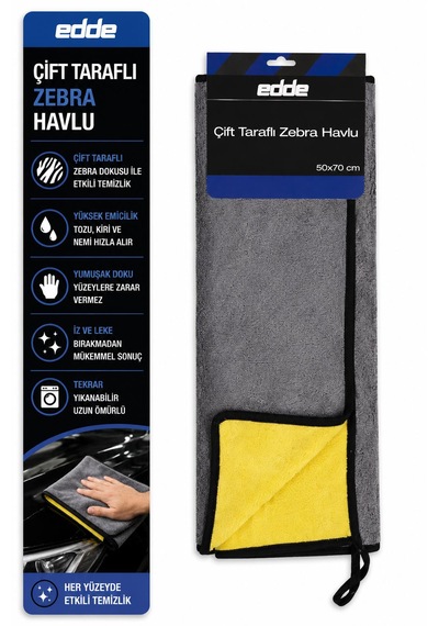 Edde Araba Araç Oto Çift Taraflı Zebra Havlu 50 70 Cm Ekstra Kalın Oto Detailing