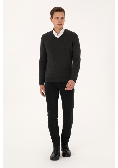 U.S. Polo Assn. Erkek Slim Fit V Yaka Antrasit  Melanj Basic Triko Kazak 50313662-VR081