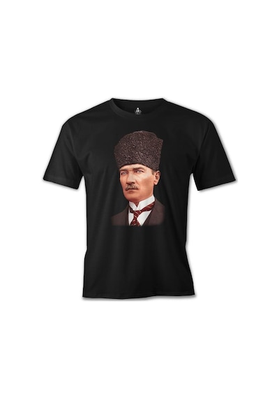 Atatürk Kalpaklı Portre Baskılı Sİyah Erkek Tshirt 001