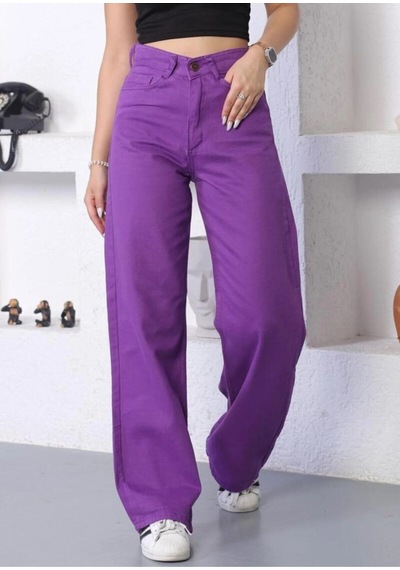 Kene Jeans Yüksek Bel Mor Keten Bol Paça Tam Kalıp Pantolon Mor