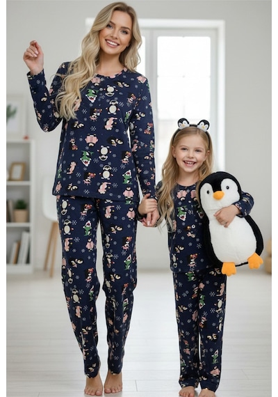 Siyah İnci %100 Pamuklu Puanlı Şeker Baston Desenli Yılbaşı Temalı Örme Pijama Takım Lacivert Penguen