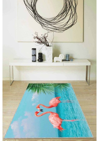 Turkuaz Flamingo Desenli Kaymaz Tabanlı Dekoratif Halı Rv325n11