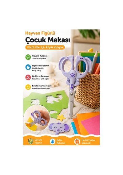 Fil Figürlü Makas 1 Adet Bubu Küt Uç Korumalı Okul Makası Çocuk Kağıt Makası Okul Öncesi Kreş Ana Sınıfı