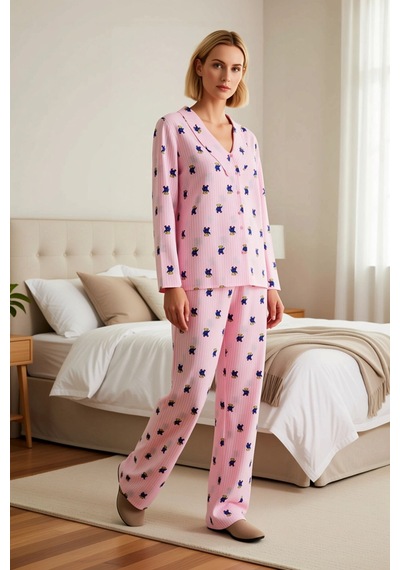Benerly Kadın Gömlek Yaka Uzun Kol Regular Kalıp Dokuma Pijama Takımı Fon Pembe