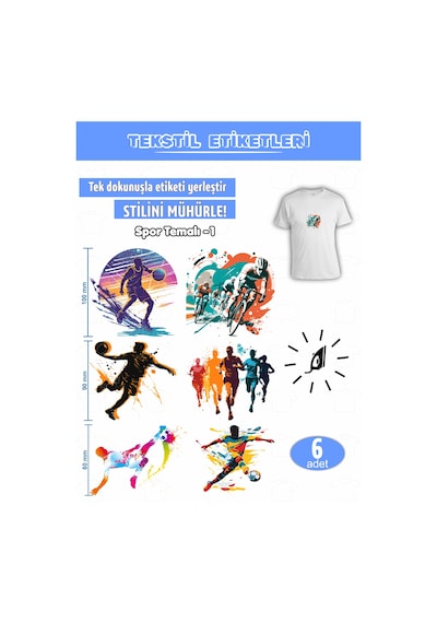 Ütü İle Yapışan Kıyafet Etiketi Spor Temalı -1 6lı Set Karışık
