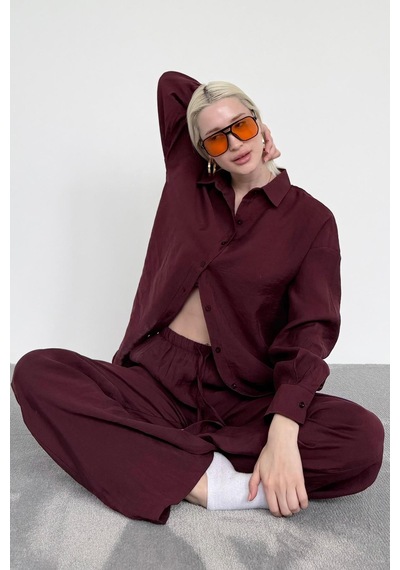 Madmext Bordo Basic Kadın Gömlek Pantolon İkili Takım Mg2352 Bordo