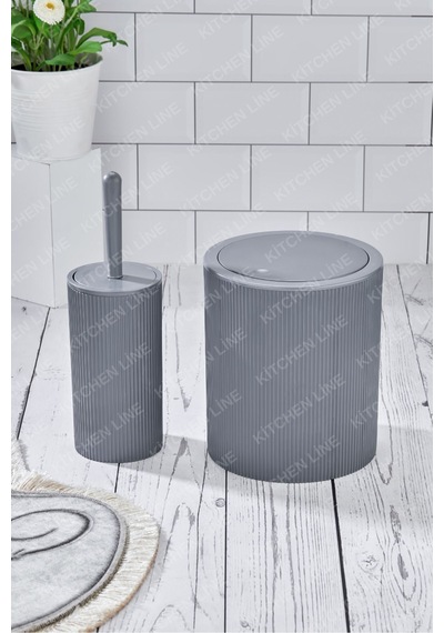 Yuvarlak Çöp Kovası & Yuvarlak Tuvalet Fırçası Seti Ikili Banyo Seti Açık Gri Beyaz