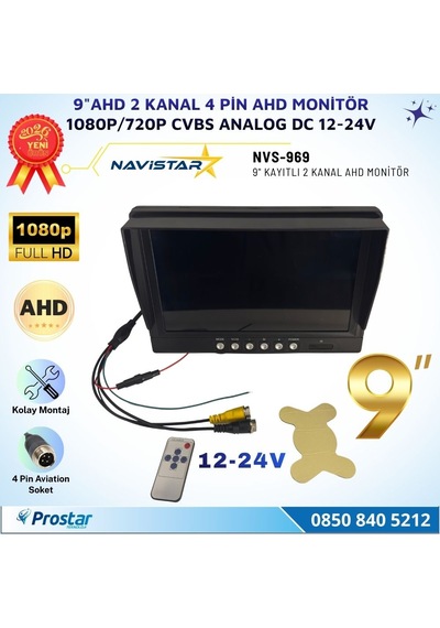 9 İnç Ahd 2 Kanal Full Hd Araç Monitörü Ahd 1080p/720p + Cvbs Analog Uyumlu 12-24v