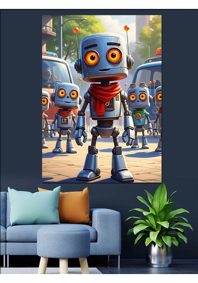 Ahşap Tablo Küçük Robotlar Şehir Yolunda