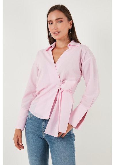 Lela Pamuklu Regular Fit Uzun Kollu Bağlama Detaylı Bayan Gömlek 65200538 Pembe
