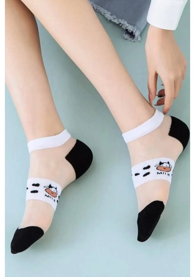 Hitit Socks Kadın 5 Çift İnek Desenli Tül Çorap Beyaz Siyah Beyaz